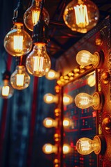 Wall Mural - A close up of a bunch of lights, some of which are yellow and some are white. The lights are hanging from the ceiling and are arranged in a way that creates a warm and inviting atmosphere