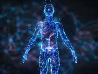 Glowing hologram of human body 3D structure with dark background.