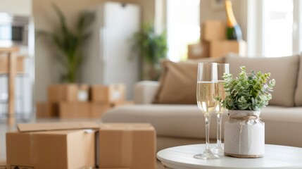 a living room with a white coffee table and a vase of flowers. two wine glasses are on the table