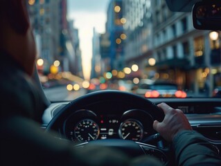 Wall Mural - A man is driving a car in a city at night. The city is lit up with lights and the car's dashboard shows the speedometer and other gauges. The man is focused on the road ahead