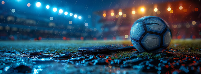 Phones with ads on soccer, design style minimalism, background dark blue.generative ai