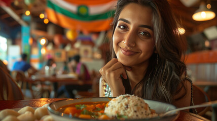 Wall Mural - south asian girl enjoying Idli Sambhar in an authentic south-indian restaurant. indian flag in the background,generative ai