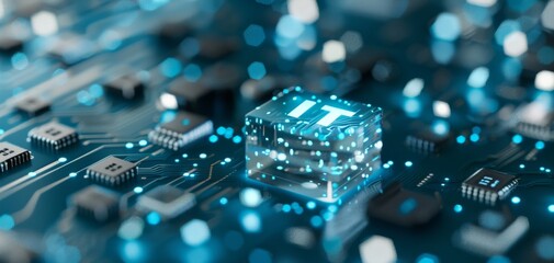 Fototapete - IT icon and text with circuit board background, blue digital futuristic tech, cyber network concept