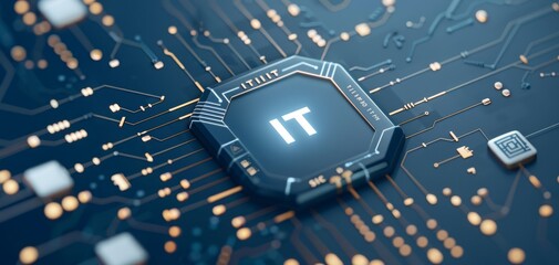 Fototapete - Blue digital tech with IT icon, circuit board background, representing cyber network concept