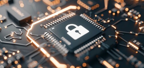 Leinwandbilder - Data security symbol on black circuit board background, 3D rendering with white digital 