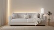 © JP STUDIO LAB - Creamy tones fill this cozy living room, soft, warm lighting casts a gentle glow, inviting relaxation on the comfy couch with throw pillows and a soft rug underfoot