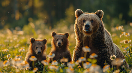 Brown bear mother with two cubs