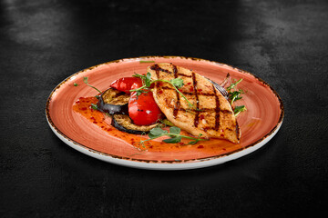 Canvas Print - Grilled Chicken Fillet with Grilled Vegetables in Sweet Chili Sauce - Elegant Plated Gourmet Dish