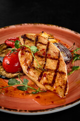 Canvas Print - Grilled Chicken Fillet with Assorted Vegetables and Sweet Chili Sauce on Terracotta Plate