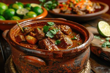 Wall Mural - A pot of stew with meat and vegetables sits on a table. The stew is brown and has a rich, savory smell. The table is set with bowls and a wooden cutting board. The scene is inviting and cozy