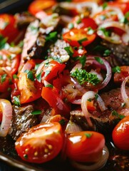 Wall Mural - A plate of meat and tomatoes with onions and parsley. The dish looks delicious and appetizing