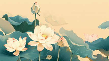 Wall Mural - minimalist background with lotus flower designs, symbolizing purity and enlightenment, using a restrained color palette and clean lines to create a modern look