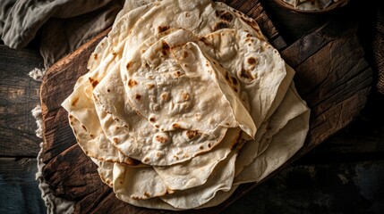 Wall Mural - A pile of tortillas on a wooden cutting board. The tortillas are white and appear to be freshly made. Concept of warmth and comfort, as the tortillas are a staple food in many cultures