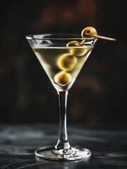 Wall Mural - A glass of olive oil martini with a skewer of olives on top. The image conveys a sophisticated and elegant atmosphere, as the drink is served in a martini glass and garnished with a skewer of olives
