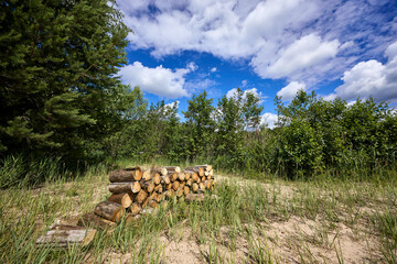 A pile of stacked firewood, prepared for heating the house