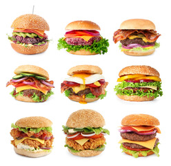 Wall Mural - Different delicious burgers isolated on white, set