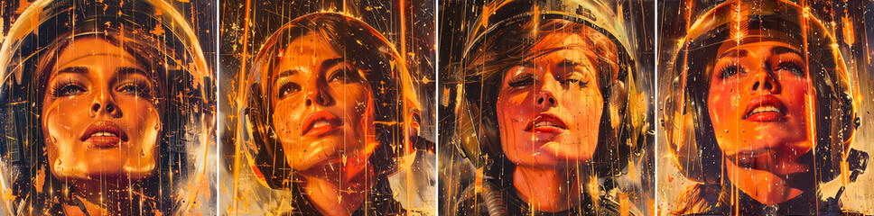 Sticker - Collage, 4 photographs. with a pin-up style pilot theme. Explore the concept of quantum entanglement with retro design. your projects with rain of arrows and copper-golden rain effects.