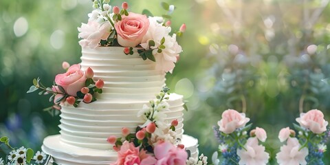 Wall Mural - Elegant Country Garden Wedding Cake with Floral Decor for a Festive Dessert. Concept Wedding Cakes, Floral Decor, Elegant, Country Garden, Festive Dessert