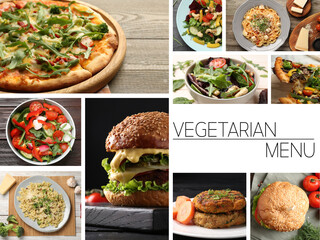 Wall Mural - Vegetarian menu. Collage with different tasty dishes