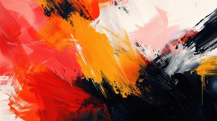 Wall Mural - Abstract painting with vibrant red, orange, yellow, black, and white brushstrokes.