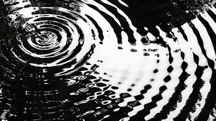 Top view of black and white abstract pattern in water with ripples on sunny summer day.