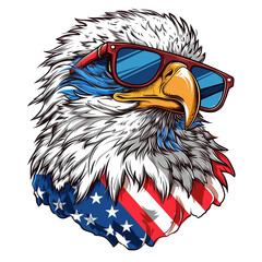 bald eagle wearing sunglasses and american flag, clip art vector illustration independence patriot 4th july day, transparent background