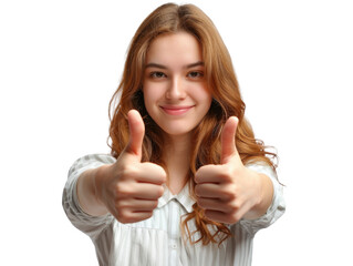 Wall Mural - A girl with long brown hair is giving a thumbs up. She is smiling and she is happy