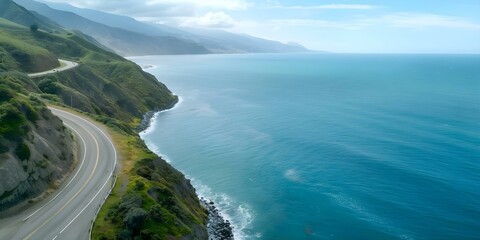 Wall Mural - Captivating Aerial View of Scenic Winding Roads Through Mountains and Coastlines, Emphasizing the Beauty of Nature. Concept Aerial Photography, Scenic Landscapes, Mountain Roads, Coastal Views