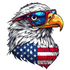 bald eagle wearing sunglasses and american flag, clip art vector illustration independence patriot 4th july day, transparent background