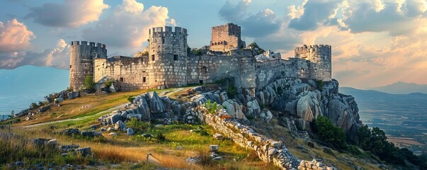 Wall Mural - An ancient castle perched on a hilltop, its stone walls weathered by time and its history etched in its stones.