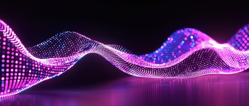 Dark purple 3D wave dots with blue neon lines symbolize digital binary data for big data, machine learning, AI, tech, futuristic concept.
