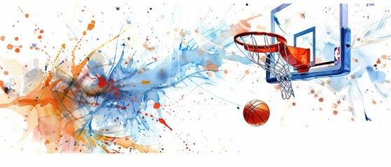 Watercolor clipart of a basketball hoop and ball with artistic splatters on a white background