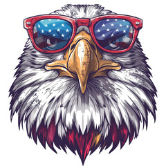 bald eagle wearing sunglasses and american flag, clip art vector illustration independence patriot 4th july day, transparent background