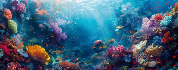 Beneath the waves, a vibrant coral reef teems with life, its colorful inhabitants a riot of shapes and colors against the azure backdrop.