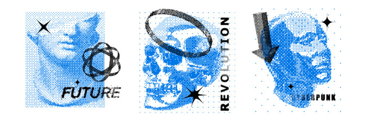Retro futuristic pixel print, vector photocopy vintage collage illustration, skull, Greek woman head. Noise y2k contemporary rave sticker, brutal vintage trendy dot tattoo. Pixel print grain effect
