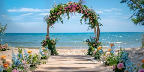 Wall Mural - Picturesque wooden arch covered in flowers on the beach for a wedding ceremony. Concept Beach Wedding, Floral Arch, Romantic Setting, Wedding Ceremony, Picturesque Venue