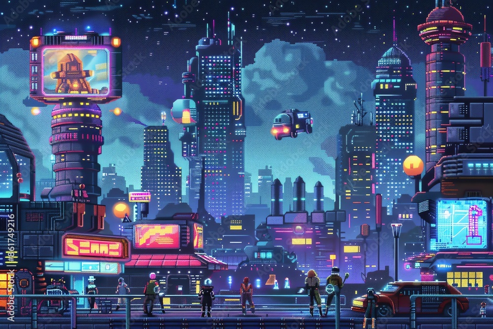 Pixel Art Illustration of Futuristic Cyberpunk Cityscape with Neon ...