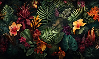 Lush Tropical Jungle. Vibrant floral pattern with exotic flowers and leaves. Design for wallpaper, fabric, or tropical themes.