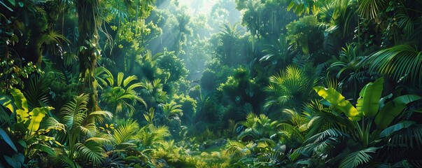 Canvas Print - A dense rainforest teeming with life, its trees towering overhead and its undergrowth filled with exotic plants and animals.