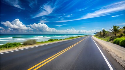 Wall Mural - Empty asphalt road near beach under blue sky