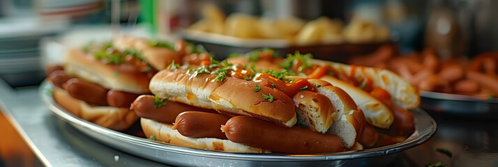 Wall Mural - A plate of hot dogs sitting on a countertop, ideal for food and beverage related use
