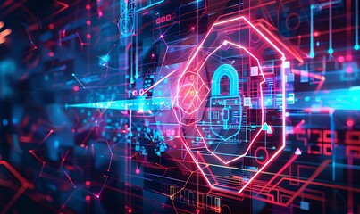 Wall Mural - A futuristic, abstract background with geometric patterns and neon lines, illustrating cyber resilience with icons representing threat detection, incident response, and continuity planning