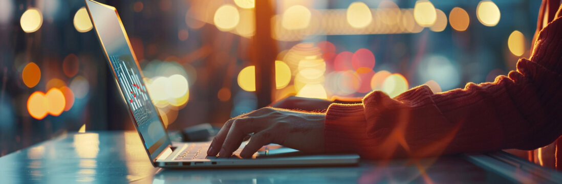 Businessman using laptop and touching the screen with a digital hologram of a growth graph chart, business plan or social media marketing concept on a blurred office background. finance and investment