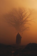 Wall Mural - Moses and the burning bush. Silhouette of a man with a burning bush in the background in the mist.