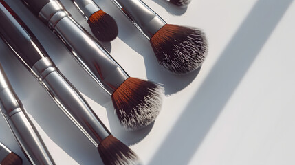 Wall Mural - set of stylish professional makeup brushes and scattered beautiful shadows, on white background