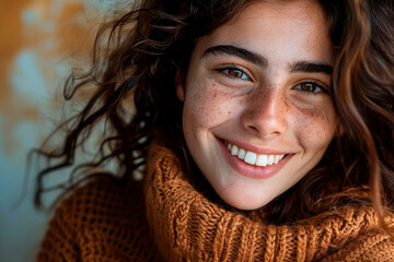 Wall Mural - A close-up portrait of a young woman with curly hair and freckles, wearing a brown knit sweater, smiling warmly