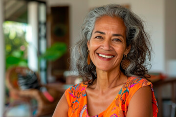 Wall Mural - Portrait of a mature woman with gray hair smiling warmly in a cozy, indoor setting