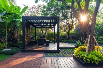 Wall Mural - Elegant morning glow  opulent garden setting with teak deck and stylish black pergola