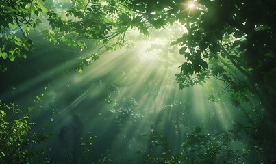 Poster - A magical forest scene with ethereal sunlight filtering through lush green trees and mist