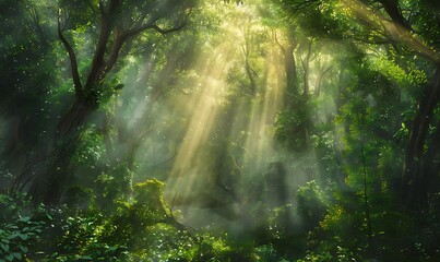 Poster - A magical forest scene with ethereal sunlight filtering through lush green trees and mist